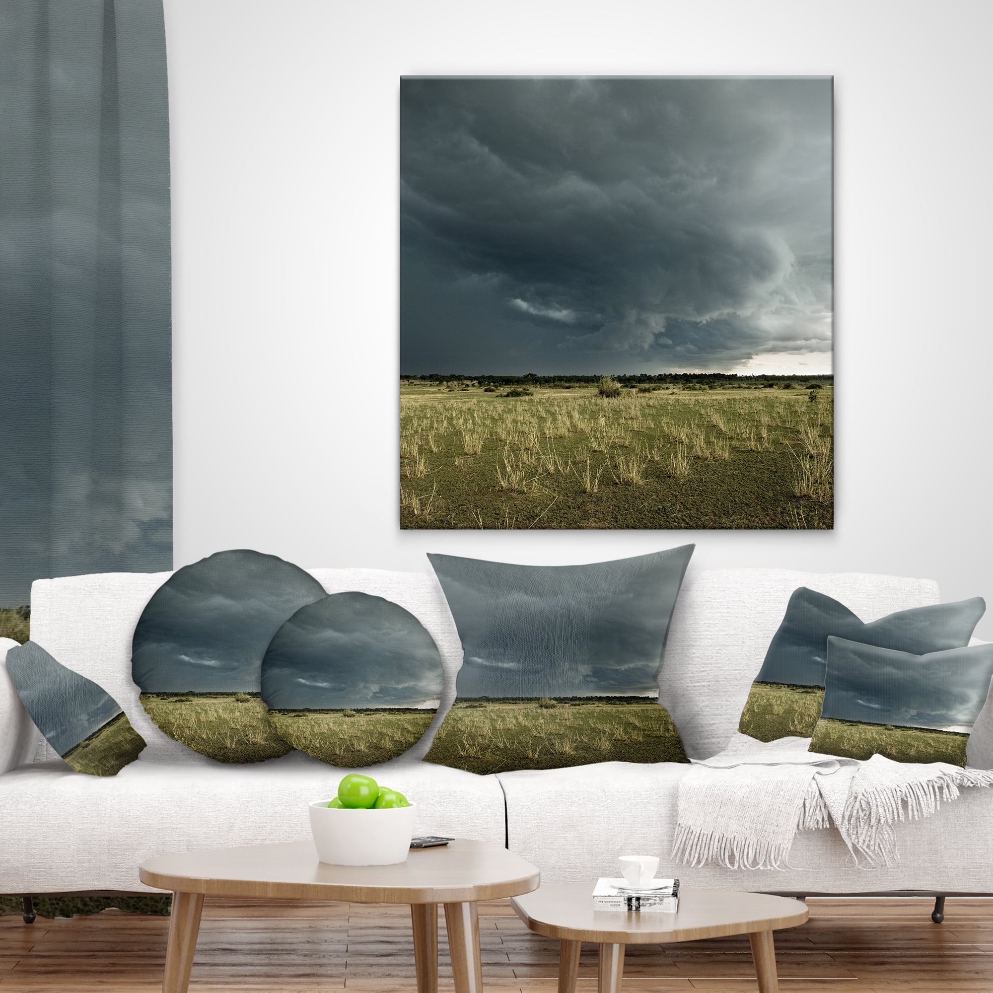 Designart Rainy Cloud over Green Pasture - Landscape Printed Throw Pillow - 16x16