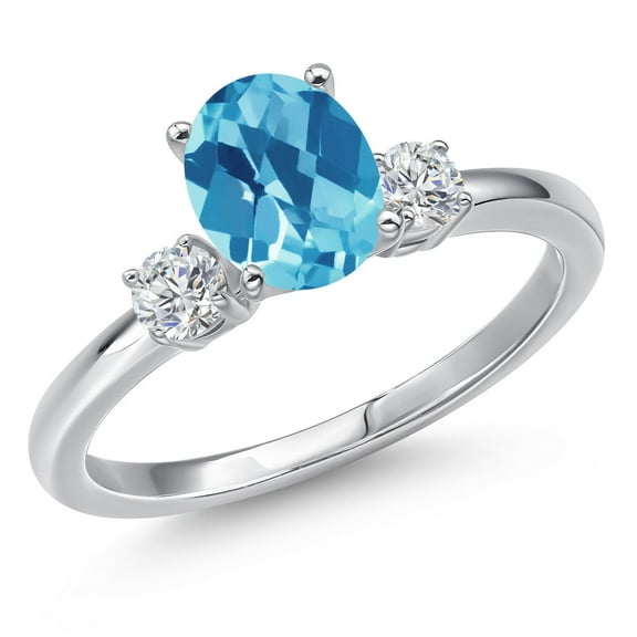 Gem Stone King 14K White Gold Swiss Blue Topaz and White Lab Grown Diamond Engagement Ring for Women | 1.50 Cttw | Oval Checkerboard 8X6MM | Gemstone November Birthstone | Size 5