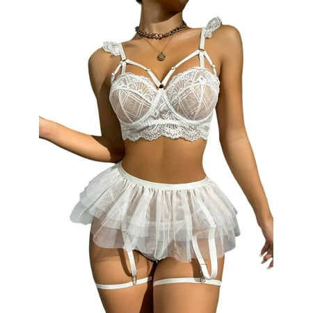 

Niuer Ladies Lingerie Set Deep V Neck Bodysuit With Garter Belt Sheer Teddy Babydoll 3 Pieces Women Sexy See Through Transparent Lace White S