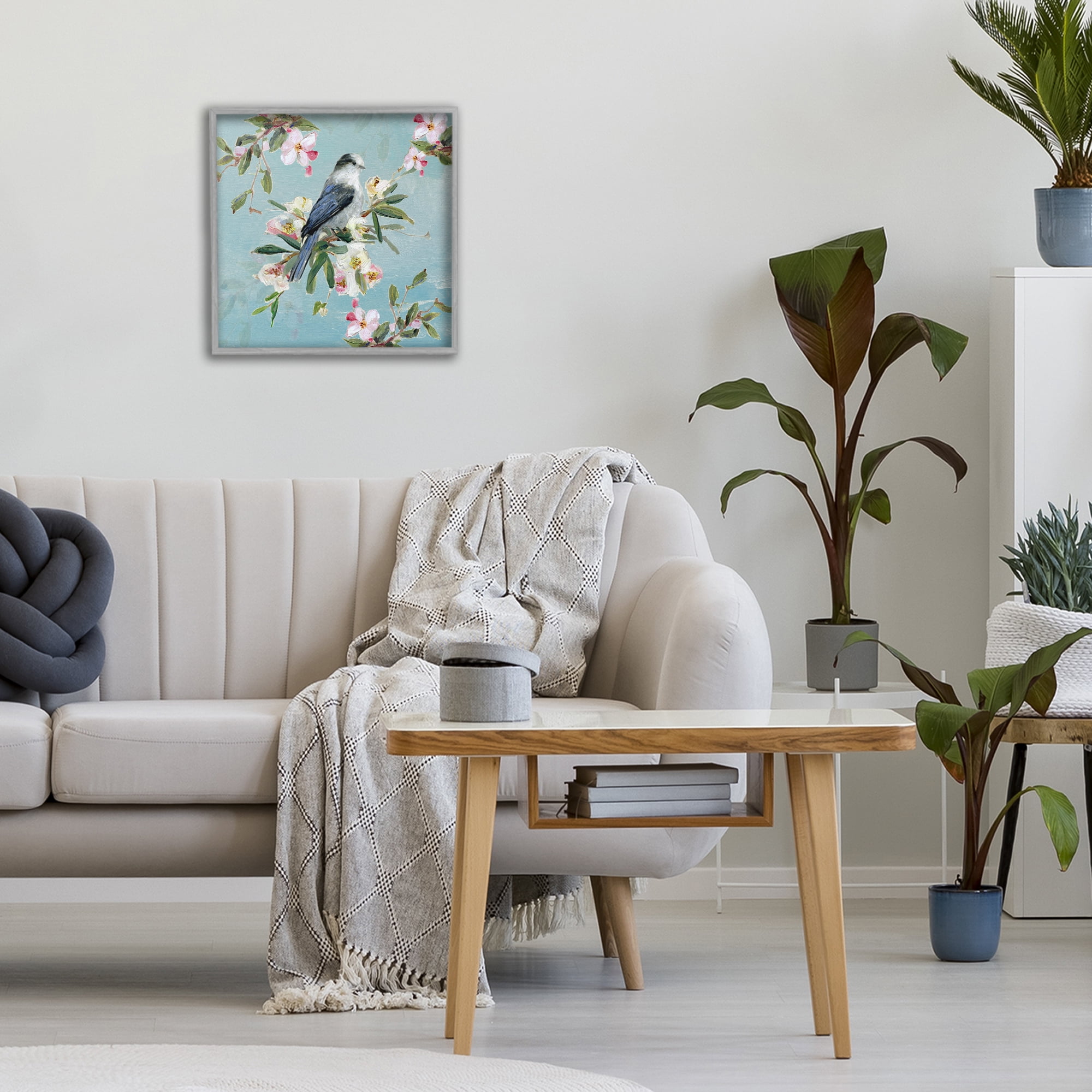 Stupell Industries Pastel Songbird Among Blossoms Gray Framed Giclee Art, design by Sally Swatland