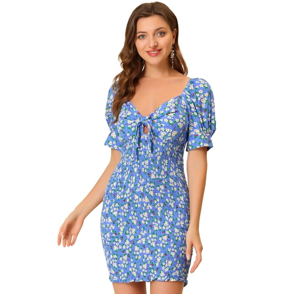 INSPIRE CHIC Women's Tie Front Sweetheart Neck Floral Dress Blue S