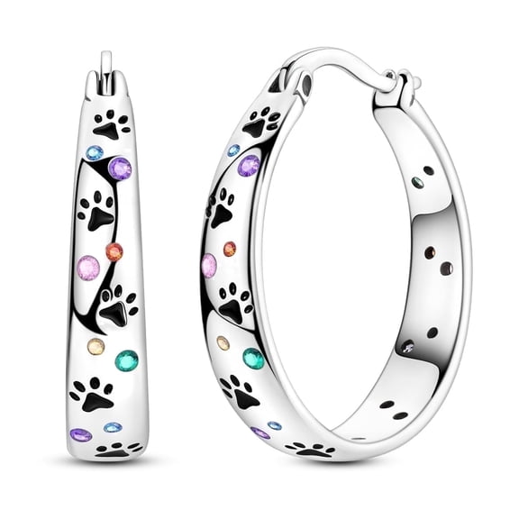 NARMO 925 Sterling Silver Cute Enamel Pawprint 22mm Hoop Huggie Earrings, Colorful Cubic Zirconia Hypoallergenic Women's Jewelry Birthday Gift for Her with Box