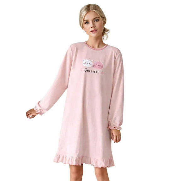 HNMKIU Women Robes Woman Cartoon Nightgown Cute Cat Sleepshirt Long Sleeve Sleepdress Nighty for Comfort,Size 175