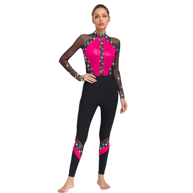 Jizyo Women's Long Sleeve Dance Unitard Shiny Rhinestone Full Body Suits One Piece Jumpsuits Hot Pink L