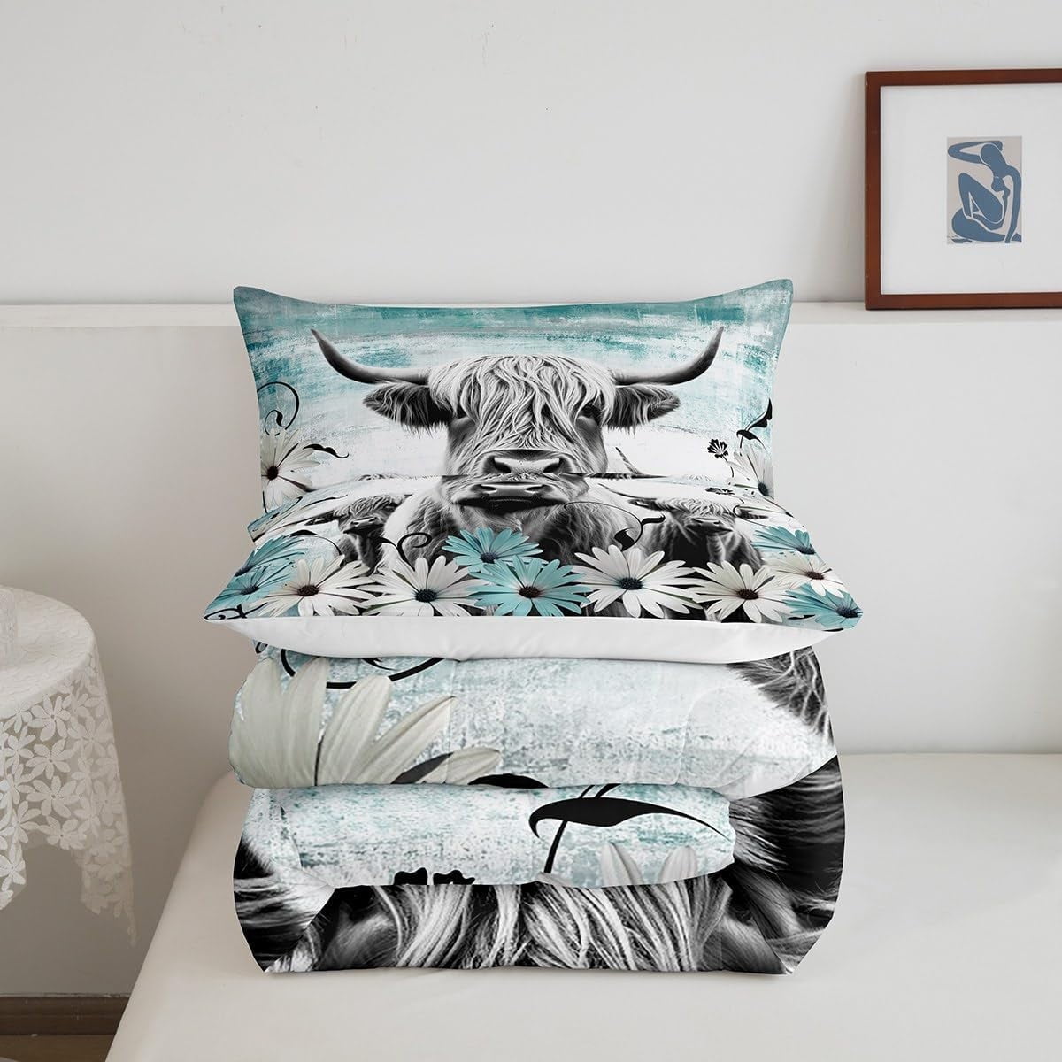 Manfei Highland Cow Print Bedding Set Queen,Teal Western Farmhouse Comforter Sets Rustic Home Decor,Longhorn Cattle Farm Animal Bed Set Graffiti Daisy Flowers Quilt Cowboys Gifts for Men Women