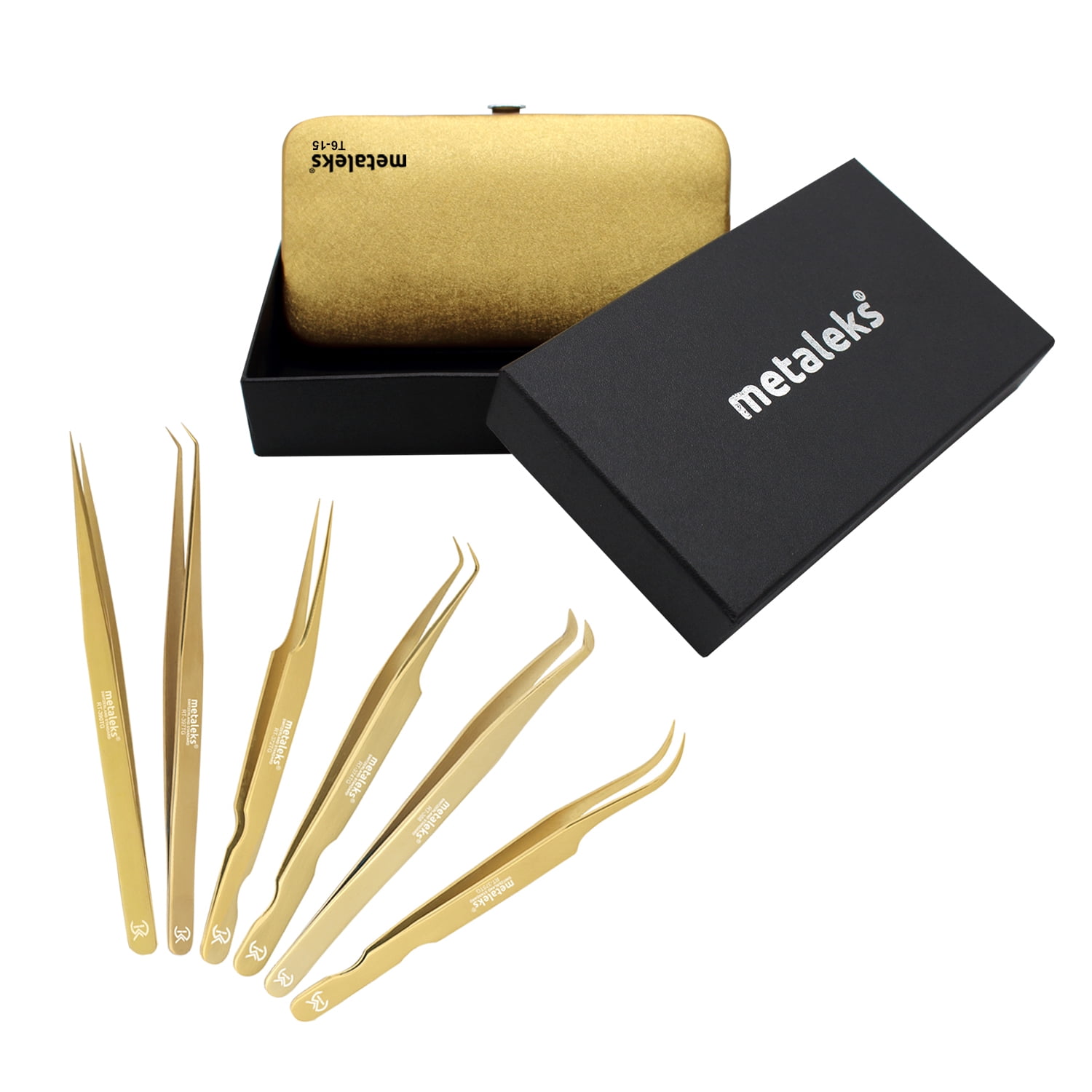 6PCS Complete Gold Titanium Coated Volume Tweezers Eyelash Extension Set With Gold Metallic Magnetic Pouch