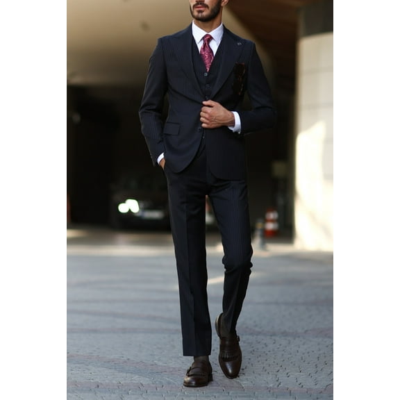 Men's Suit, Dark NavyBlue Dovetail Collar Modern Slim Fit Suit with Vest
