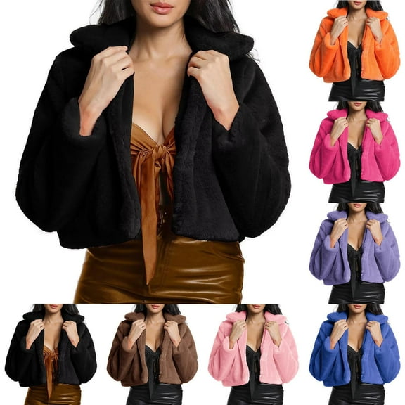 jobturf Womens Cropped Jacket Fashion Faux Furs Winter Coats Long Sleeve Going Out Tops Comfy Warm Fuzzy Open Front Cardigan Casual Outerwear