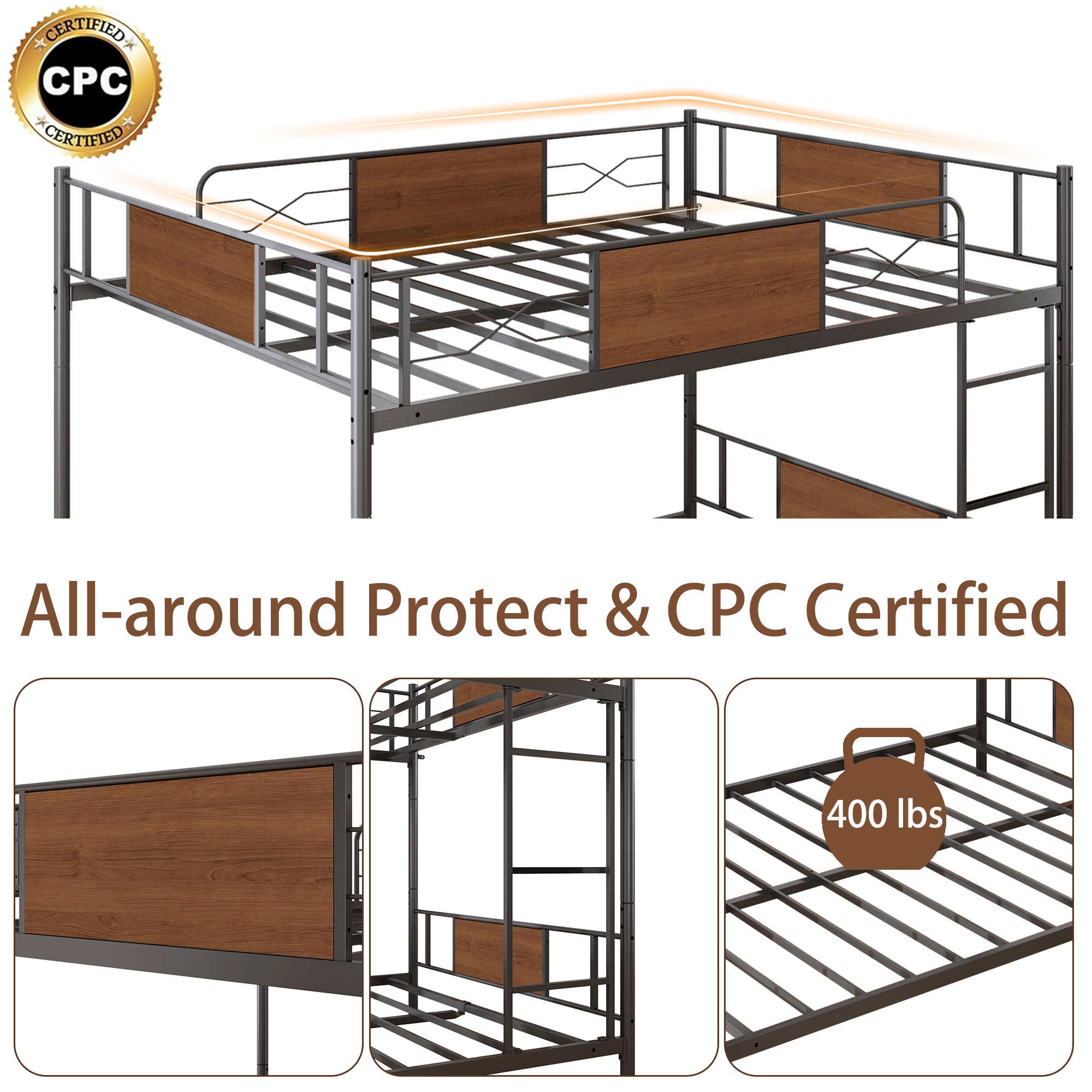 Full Over Full Bunk Beds with LED Lights and Charging Station, UHOMEPRO Metal Bunk Beds for Kids, Low Convertible Bunkbeds Full Size and No Box Spring Needed, Load-Bearing 500lb
