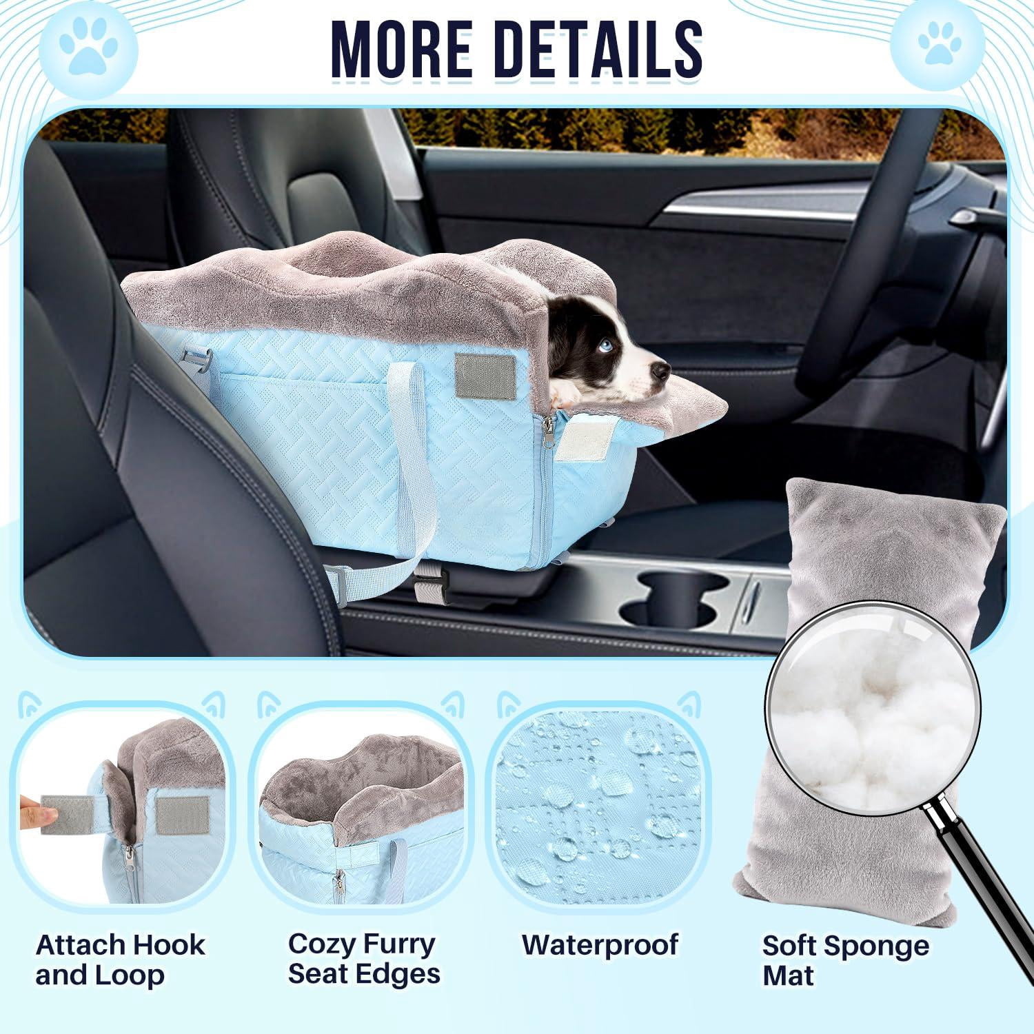 Console Dog Car Seat - Portable Center For Small Dogs Up To 9 Lbs  Washable Pet Carseat With Soft Cushion Safe Protection Hooks & Storage Pocket Blue