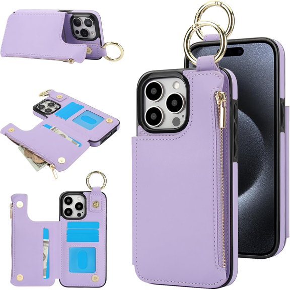for iPhone 15/15 Pro/15 ProMax Wallet Case with 3 Card Slots and 1 Zipper Pocket Magnetic Double Buckle Stylish Business PU Leather Shockproof with Stand and Ring,7 Color
