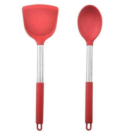 

2-Piece Cooking Kitchen Utensils Set Silicone Kitchen Tools Stainless Steel Handle Slotted Spatula Spoon Red Red Chinese Spatula + Red Dense Spoon