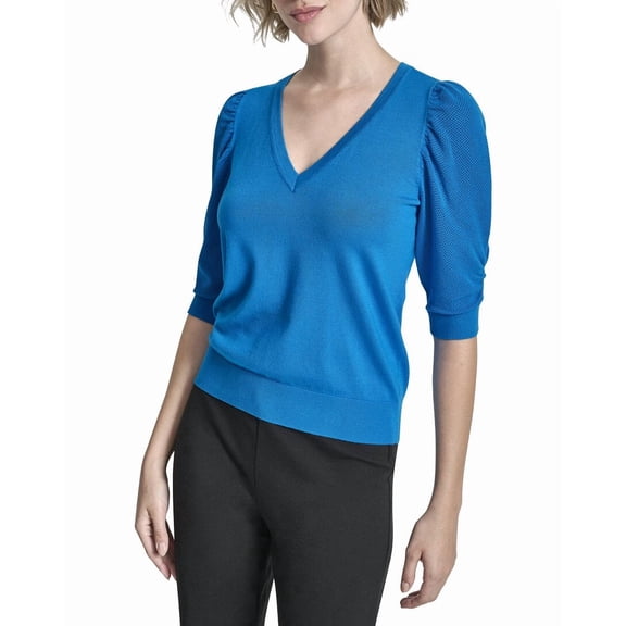 DKNY womens V-Neck Twist Sleeve Sweater, s, Blue