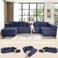 thumbnail image 5 of 146" Oversized U-Shaped Modular Sectional Sleeper Sofa, 5-Seat Convertible Couch with 8 Pillows, Corduroy Upholstery, Magazine Pocket, Blue, 5 of 11