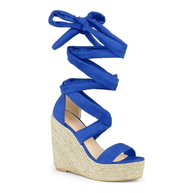 BLISSFUL STEP Sandales pour Femmes en Faux Suède à Plateforme Compensée à Lacets à Bout Ouvert Bleu Royal 9