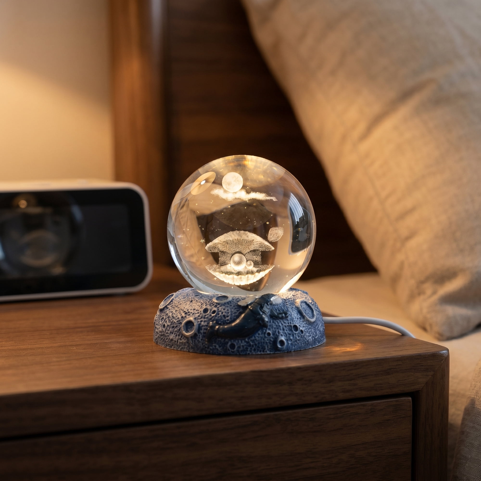 Unique Bargains Glowing Crystal Ball Figurine 3D Glass Ornament with LED Light Base Beige Style G 2.4"x2.4"x3.1"
