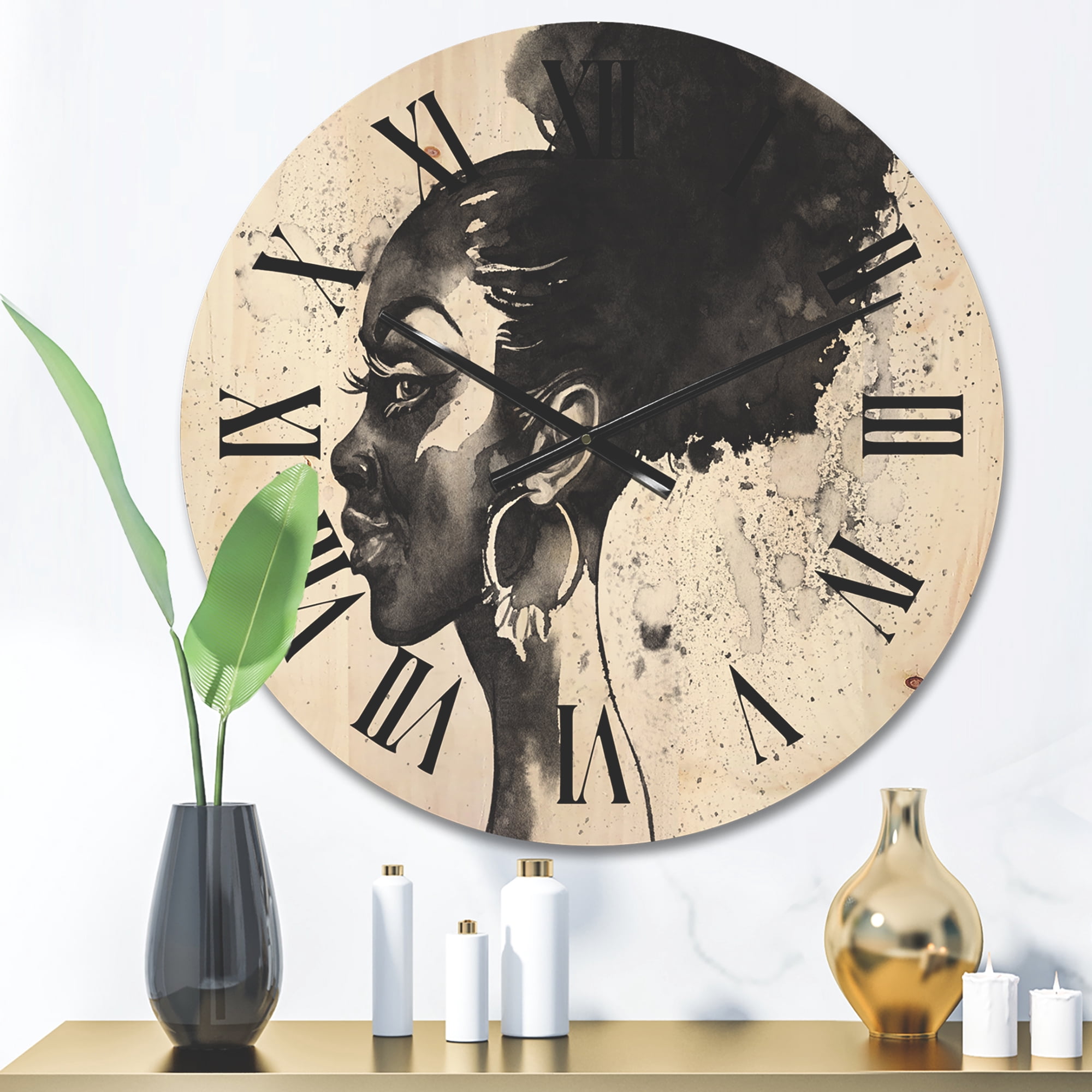 Designart 'Black and White Portrait of African American Woman I' Modern Wood Wall Clock