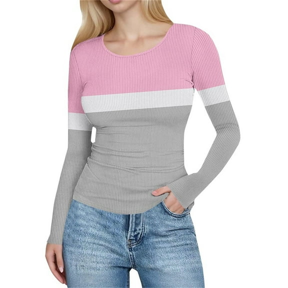 HAiming Womens Color Block Sweater Slim Fitted Long Sleeve Round Neck Pullover Tops Ribbed Solid Color Shirt