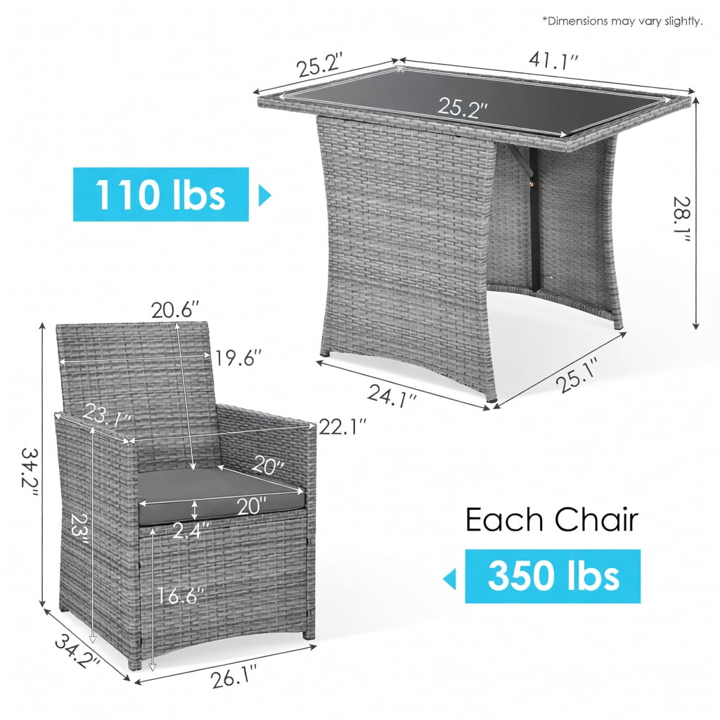 Hommoo 3-Piece Patio Rattan Furniture Set, Steel Frame Outdoor Sofa & Table with Washable Cushions for Balcony, Porch, Garden, Gray