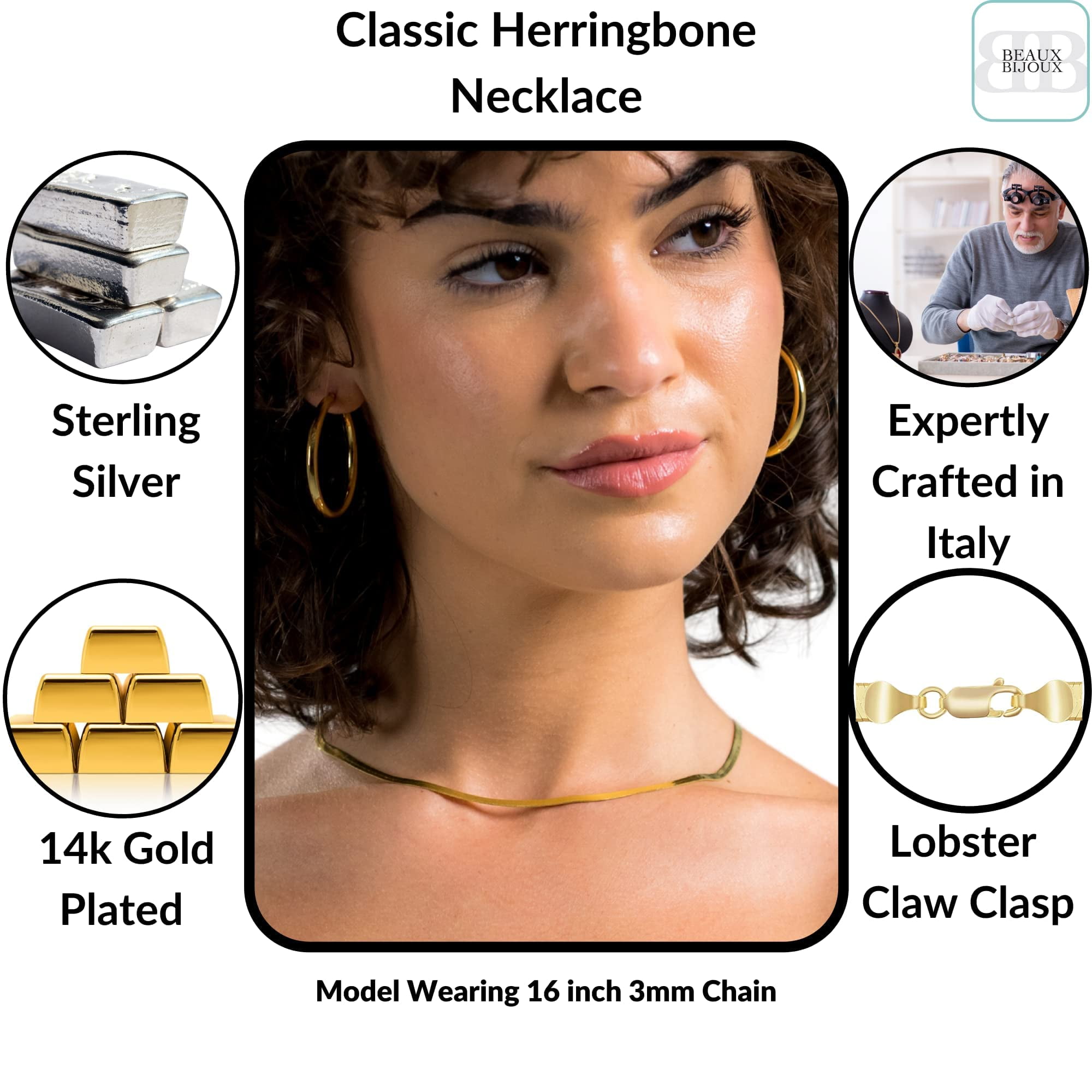 Herringbone Chain Necklace Sterling Silver 14k Gold Plated | 5mm 16 inch Choker Italian, Gold Herringbone Chain for Women