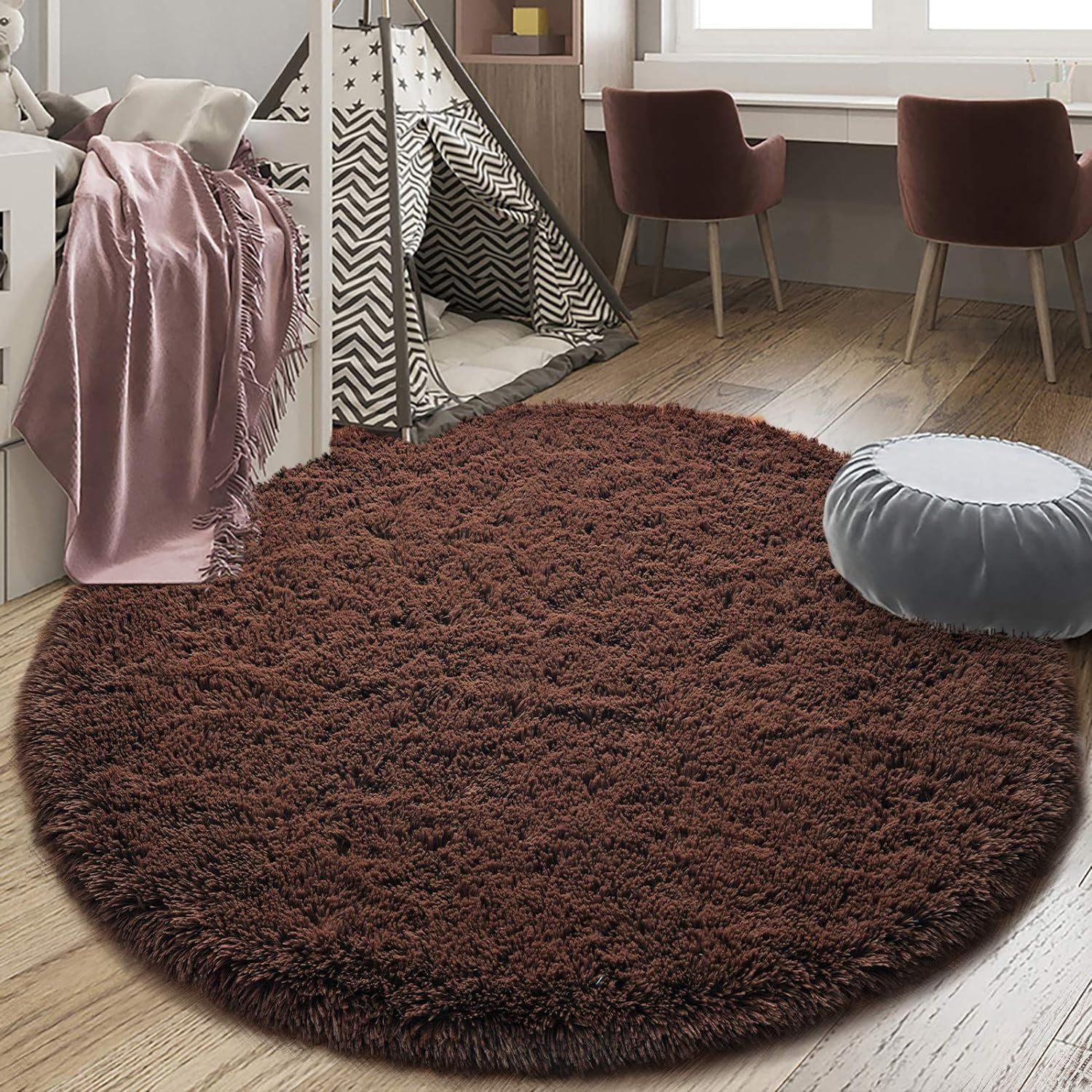 Junovo Round Fluffy Area Rugs For Kids Girls Princess Castle Plush Shaggy Carpet Cute Circle Nursery Rug For Kids Room Bedroom Living Room,4'x4',Coffee