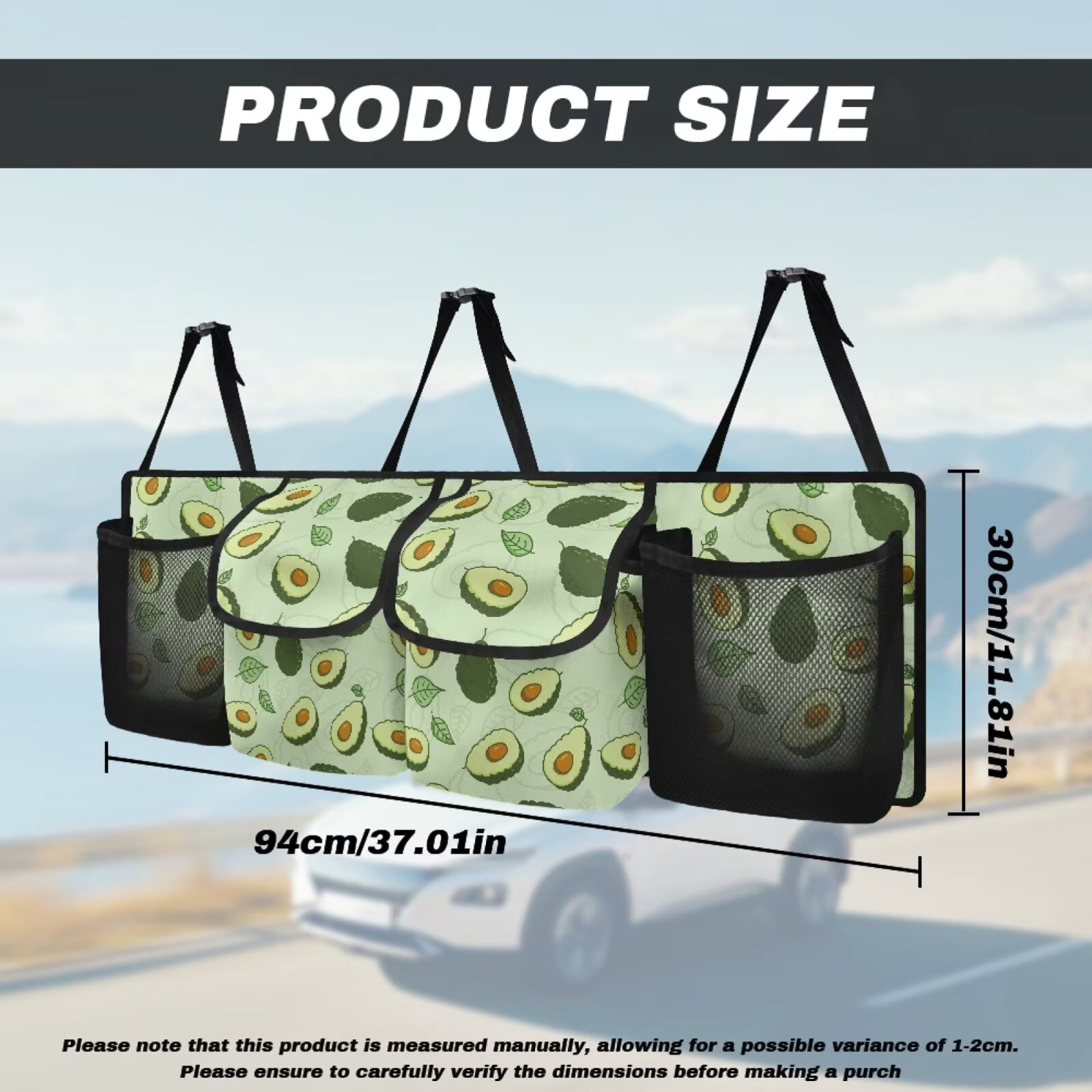 KUIFORTI Trunk Organizer for Car Women Green Avocado Backseat Car Organizer(37.01"*11.8"), Adjustable Car Back Seat Organizer with 4 Pockets, Oxford Cloth Car Organizers Storage Bag for SUV/MPV/Truck