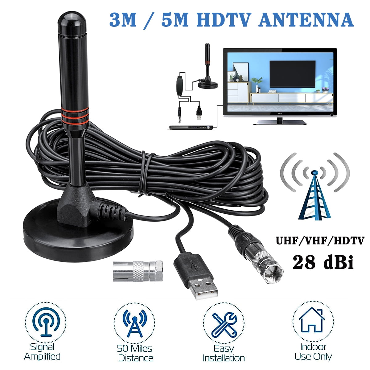 HDTV 200 Mile Indoor Antenna Aerial HD Digital TV Signal Amplified Booster Cable 