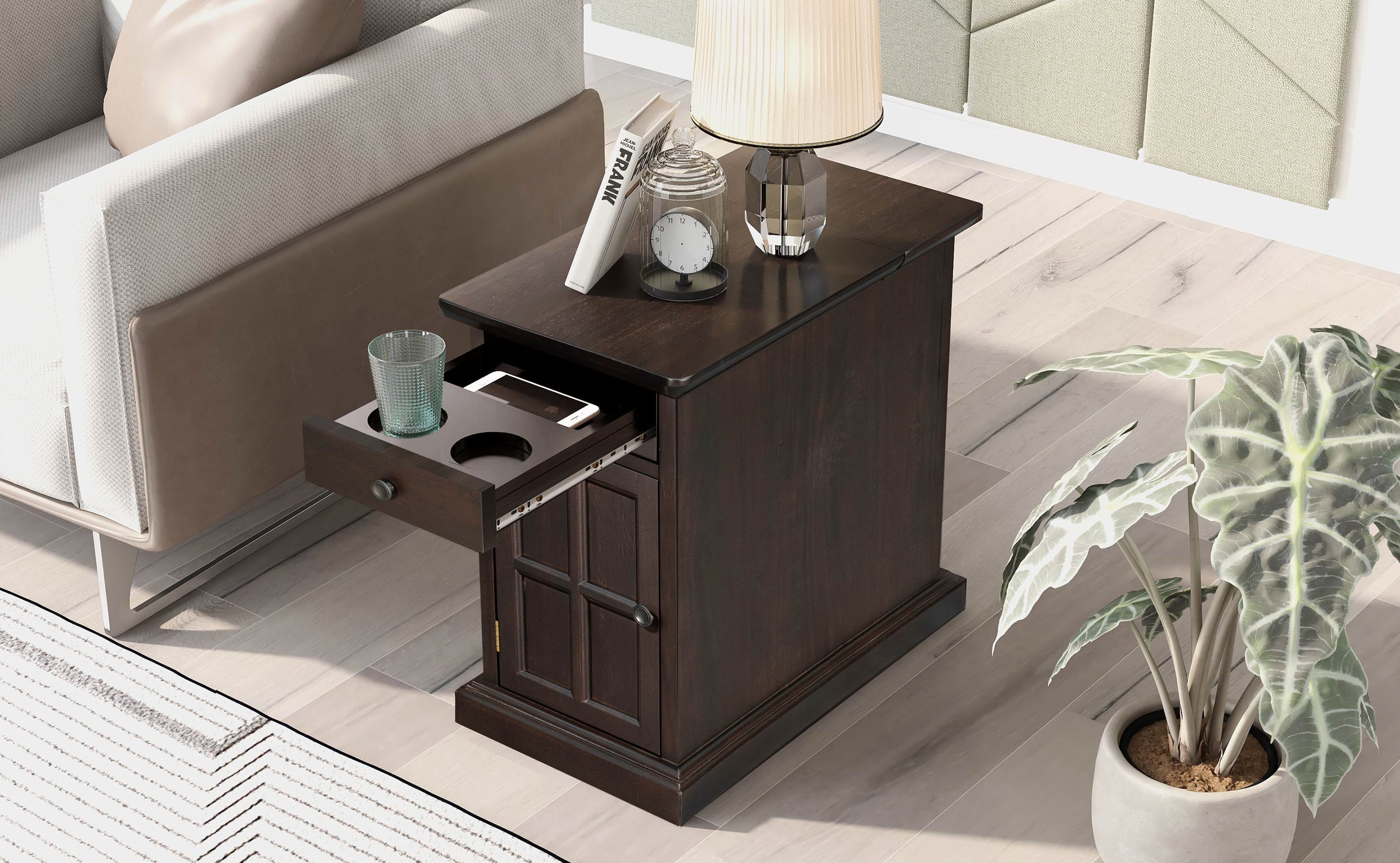 Classic Vintage Livingroom End Table Side Table with USB Ports and One Multifunctional Drawer with Cup Holders