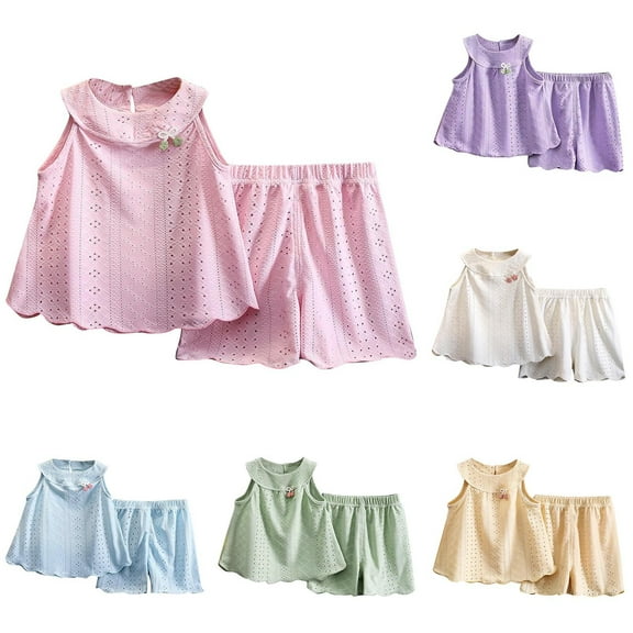 TAGOLD Kids Toddler Casual 2 Piece Outfits Set,Boys Girls Summer Sleeveless Tank Sets,Children's Hollowed Out Round Neck Hanging Neck Sleeveless Elastic Waist Shorts Summer Casual Set,5 Years