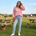 thumbnail image 5 of Women's Solid Color Round Neck Lace Patchwork Blouse, Long Sleeve Hollow Out Casual Shirt, Loose Fit Eyelet Top for Daily Office Holiday Wear 02-Pink S, 5 of 5