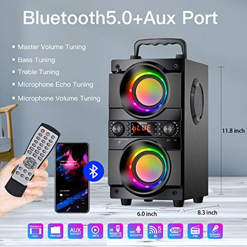 Party MP3 Player 60W Portable Bluetooth Speaker with Subwoofer Heavy Bass Support FM Radio Travel EQ,LED Colorful Lights Wireless Speakers Bluetooth 5.0 Loud Outdoor Stereo Speaker for Home 