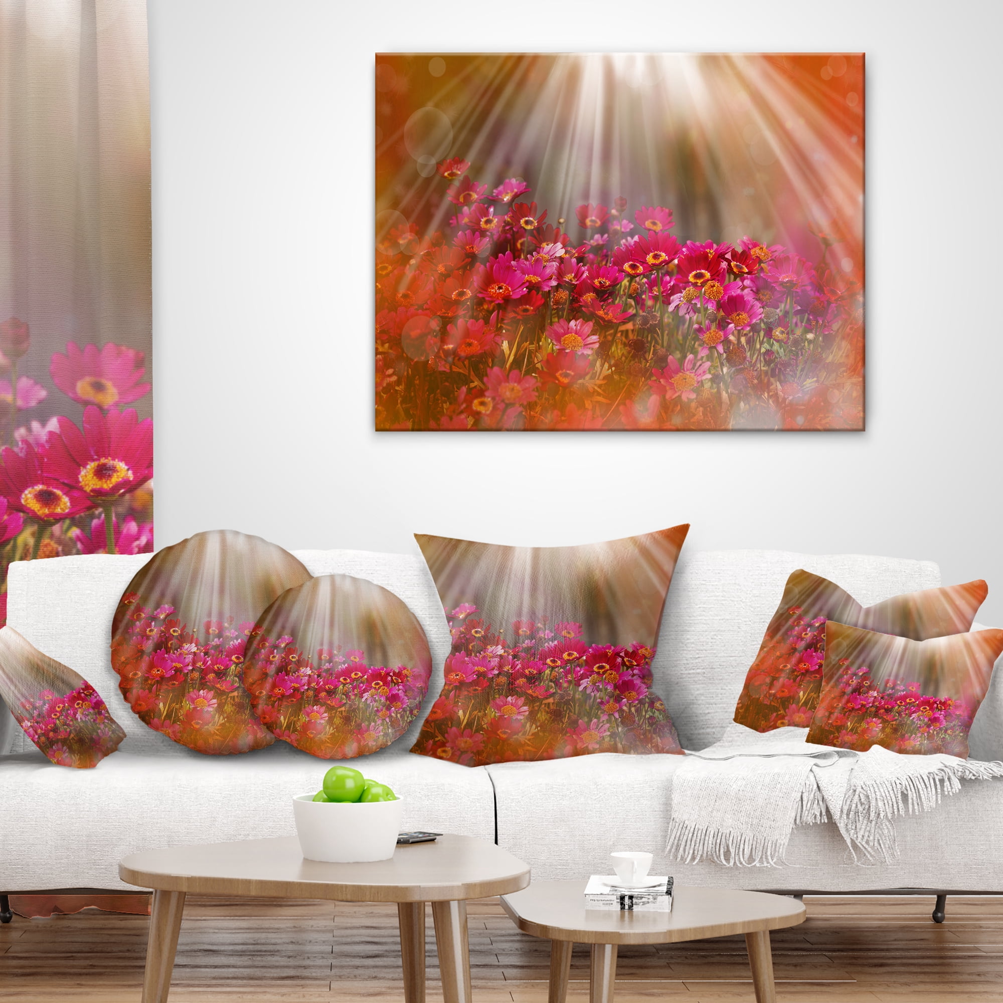 Designart Sunlight Over Small Red Flowers - Floral Throw Pillow - 16x16