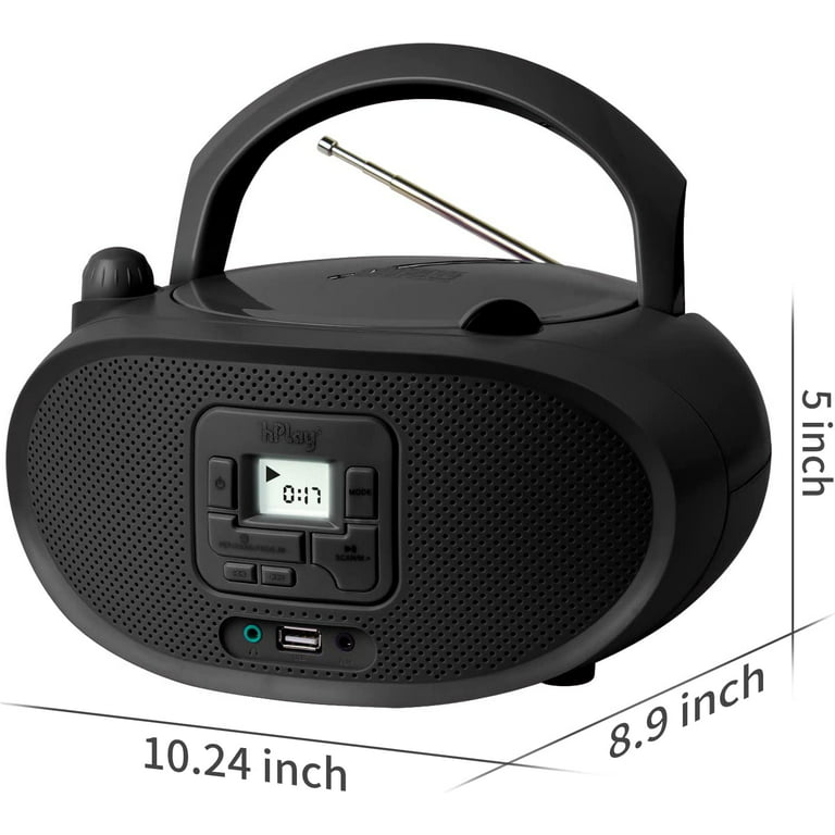 hPlay Gummy GC04B Portable CD Player Boombox with Digital Tunning FM Stereo  Radio Kids CD Player Bluetooth USB LCD Display, Front Aux-in Port and  Headphone Jack, Supported AC or Battery Powered- Black 
