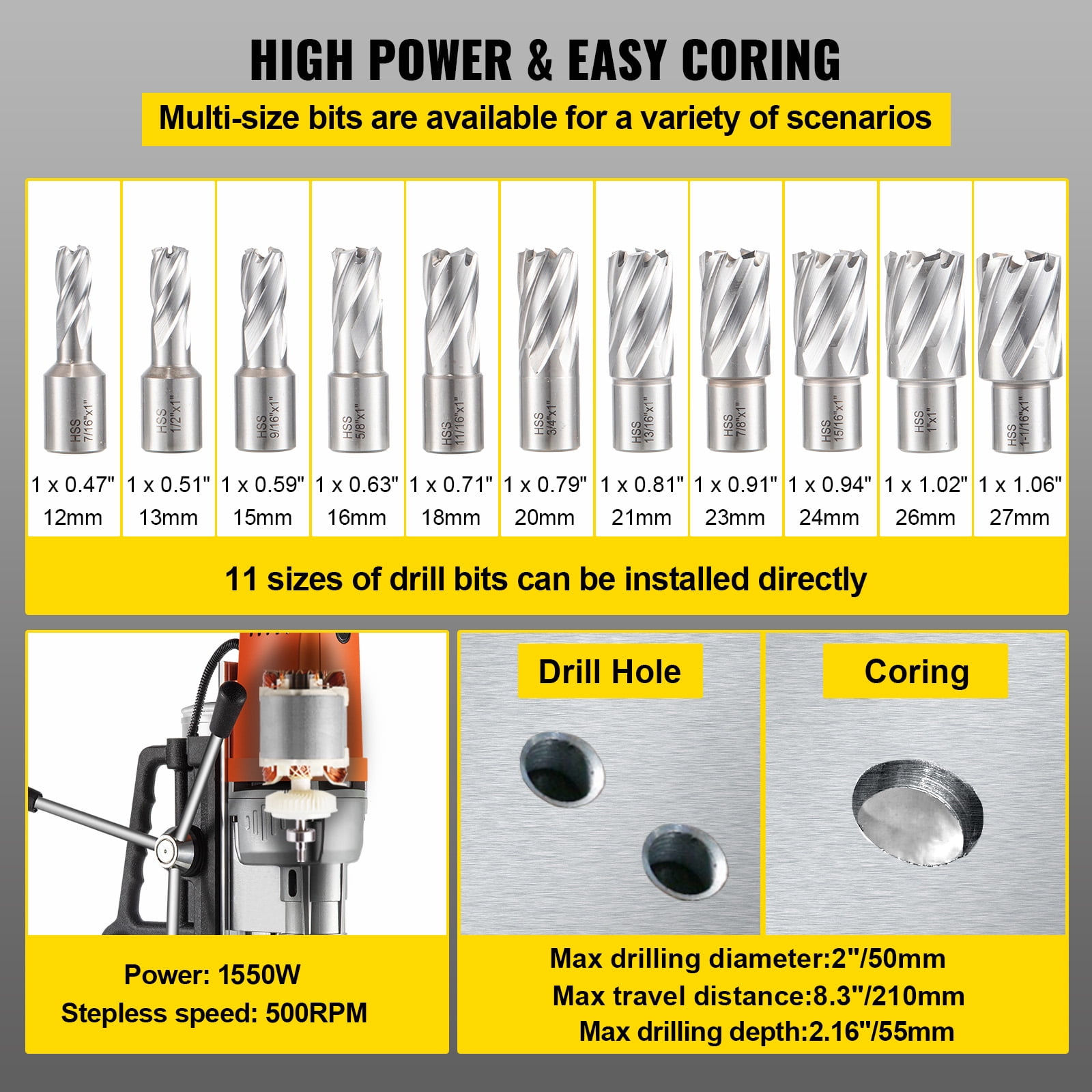 VEVOR Magnetic Drill Press With 13pc 1inch HSS Cutter Kit Md50
