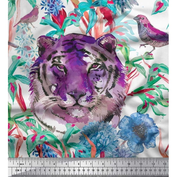 Soimoi Velvet Fabric floral,bird & tiger face Animal Print Fabric by the Yard 58 Inch Wide