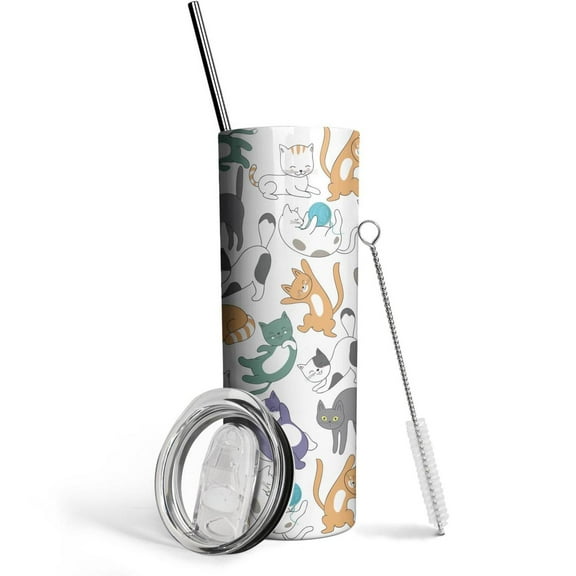 Cat Tumbler with Lid and Straw Cat Lover Coffee Cup Mugs, Cat Lovers Gifts for Women Mom,20oz Cat Skinny Insulated Stainless Steel Travel Tumbler with Lid