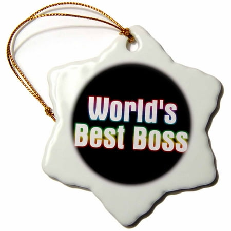 3dRose White rainbow glowing text Worlds Best Boss on black background - Snowflake Ornament,