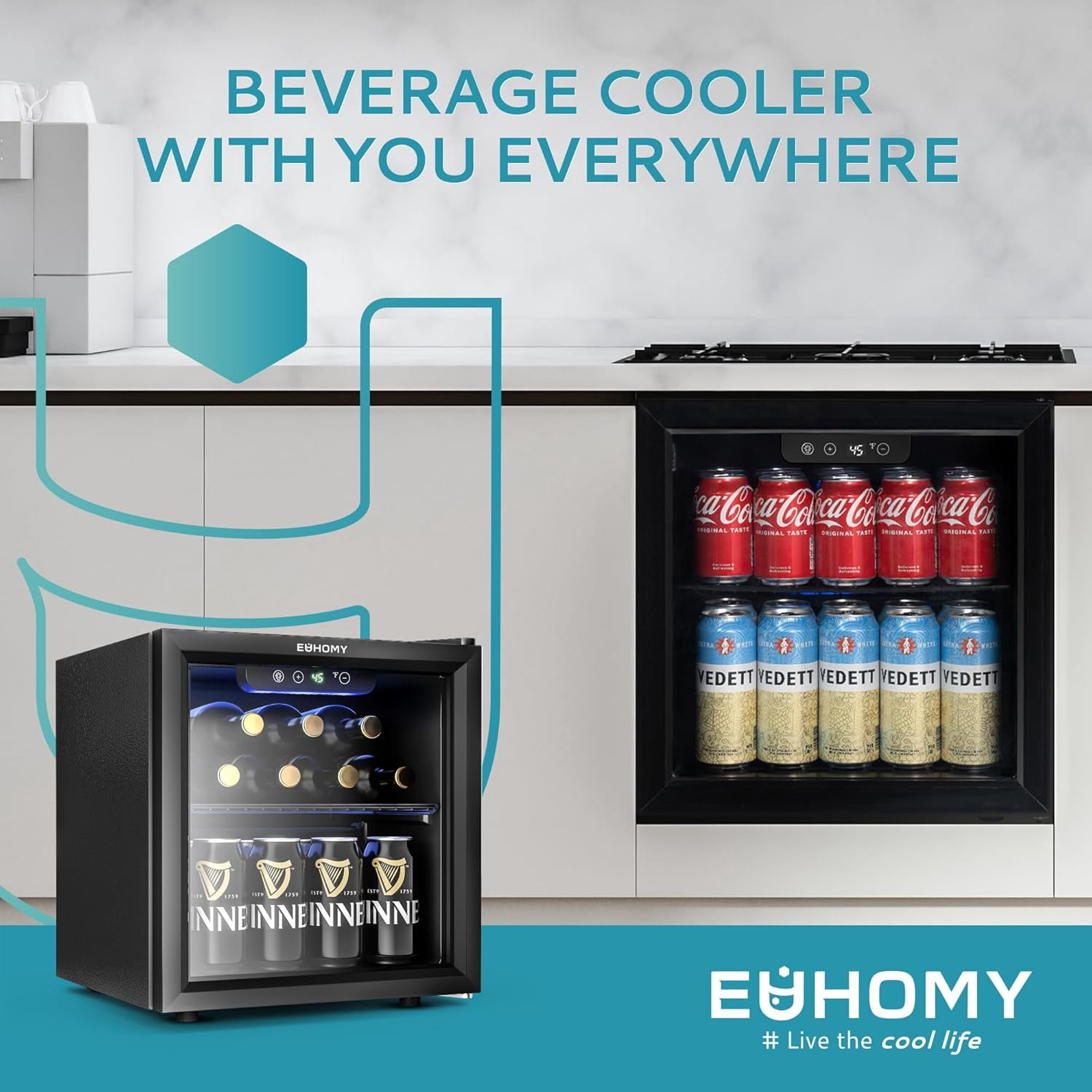 EUHOMY 12 Bottle 48 Can Mini Fridge Cooler, 1.3 Cu.Ft Beverage Refrigerator Glass Door for Beer Soda Wines,Small Refrigerator with Adjustable Shelves and LED Light for Office, Home, Dorm, Bar