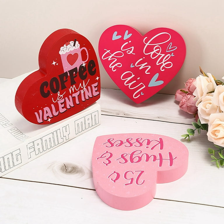 5 Pcs Valentine's Day Decor Valentine's Day Tiered Tray Decor Heart Wood  Box Sign Valentines Table Decoration Signs Double Side Heart Tabletop Decor