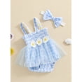 thumbnail image 6 of Aojekbee Baby Girl Summer Outfit, Plaid Daisy Embroidery Sleeveless Shirred Mesh Romper Dress Bow Headband Toddler Set, 6 of 10