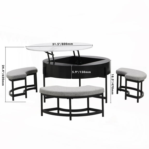 Modern Round Lift-Top Coffee Table with Storage & 3 Ottomans|White & Black