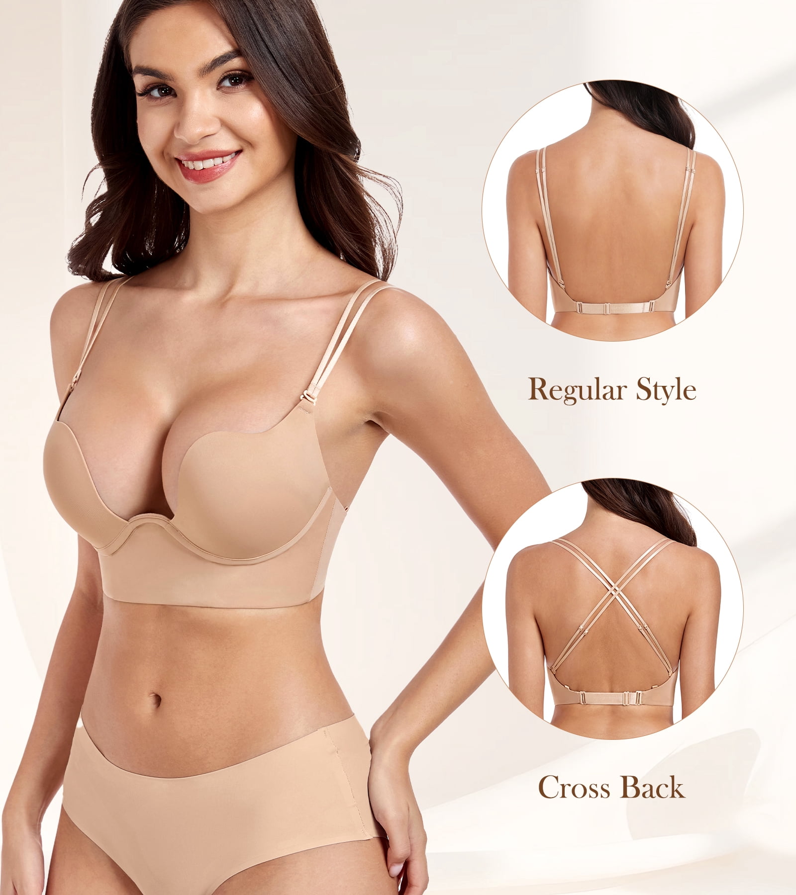 Exerin Women's Plunge Backless Bra Underwire Push Up Padded Multiway Low Back Bras(36A,Beige)
