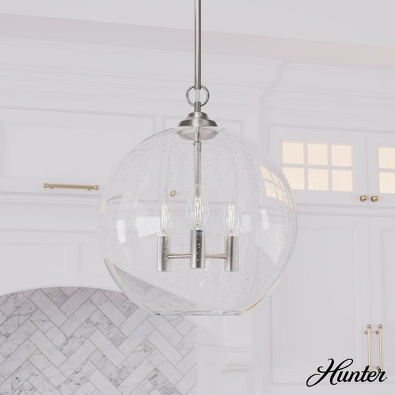 Hunter - High Oaks 3-light Brushed Nickel, Medium Size Pendant Light, Dimmable, Formal Style, Globe Shaped, for Bedrooms, Dining, Living Rooms - 48061