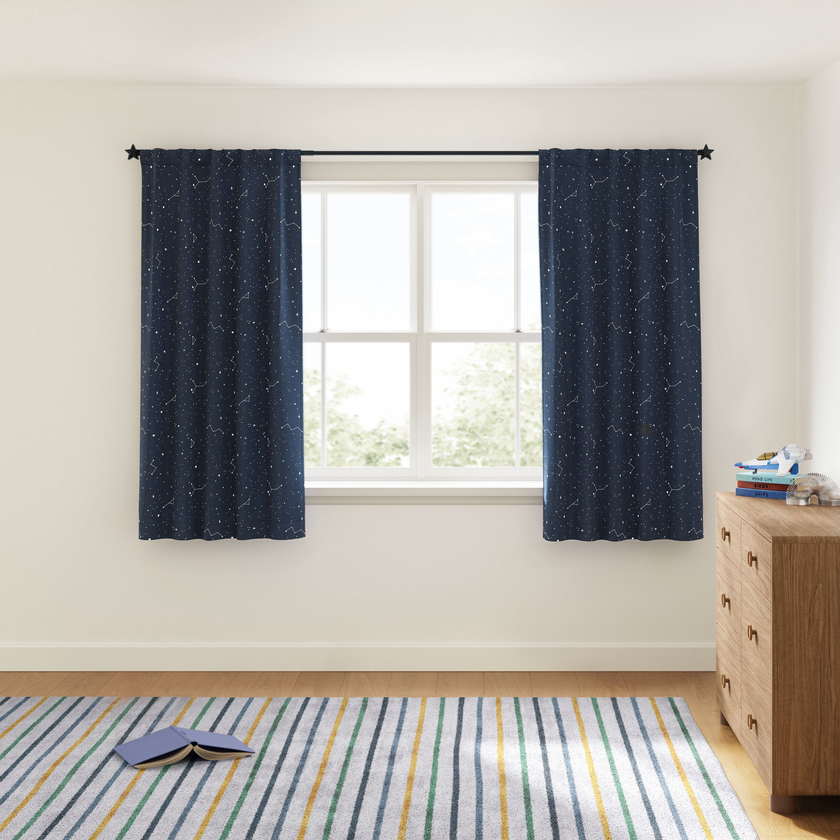 Mainstays Kids Dark Navy Glow-in-the-Dark Star Constellations Blackout Rod Pocket with Back Tabs Single Curtain Panel, 38 in x 63 in