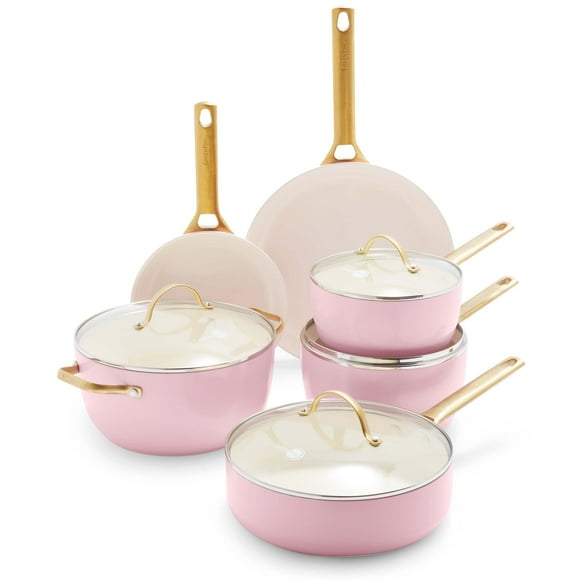 GreenPan Reserve Juego de ollas y sartenes antiadherentes de cerámica saludable, anodizado duro, 10 piezas, mango dorado, sin PFAS, apto para lavavajillas, apto para horno, rosa rubor