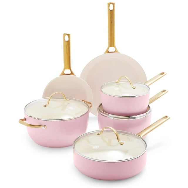 GreenPan Reserve Juego de ollas y sartenes antiadherentes de cerámica saludable, anodizado duro, 10 piezas, mango dorado, sin PFAS, apto para lavavajillas, apto para horno, rosa rubor
