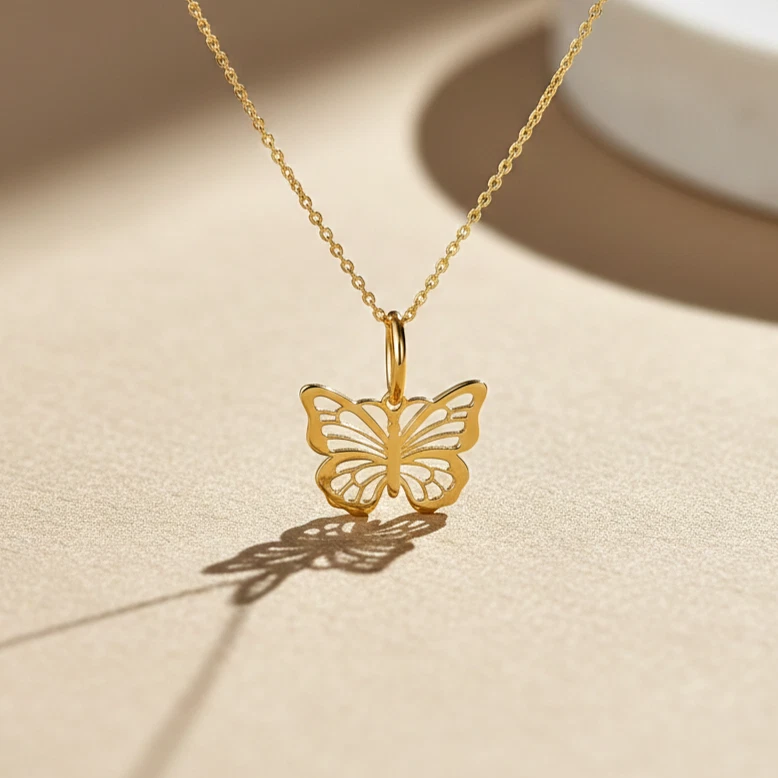 Tilo Jewelry 14K Yellow Gold Butterfly Openwork Pendant Charm Necklace for Women & Unisex | 18 Inch Cable Chain
