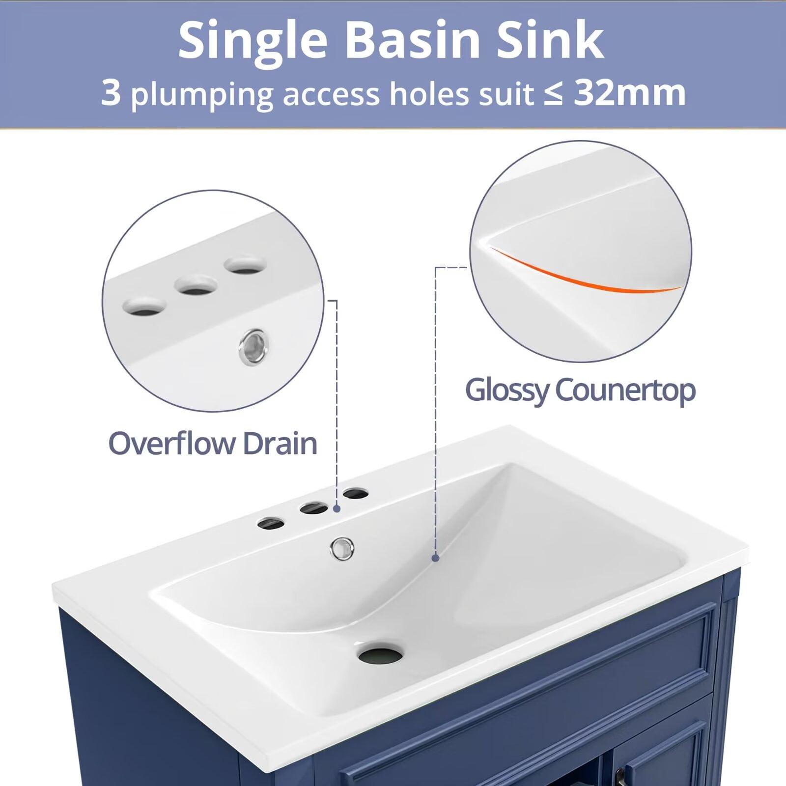 36" Bathroom Vanity with 3 Hole Ceramic Sink and Mirror Cabinet Combo, Wood Freestanding Single Basin Vanity Set with Storage Shelves Drawers Doors, Blue