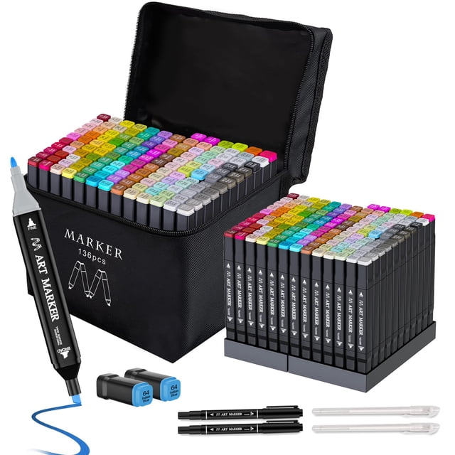 Set de rotuladores artísticos Banral Alcohol, 136 colores, doble punta, con funda