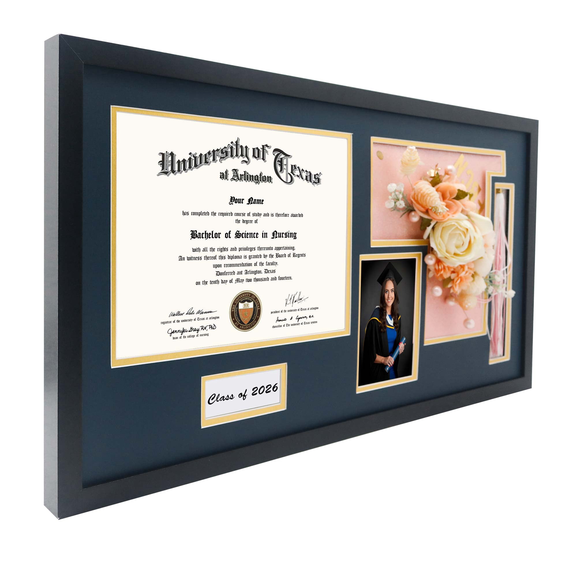 Graduation Shadow Box Frame Wood Display Case for Diploma & Photo with Graduation Cap & Tassel Holder Blue